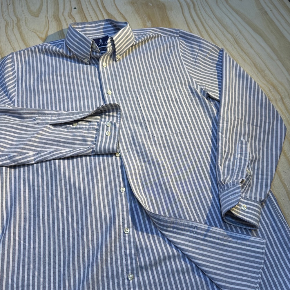 Stafford Mens 16.5 34/35 Blue White Striped Wrinkle Free Oxford Fitted Shirt